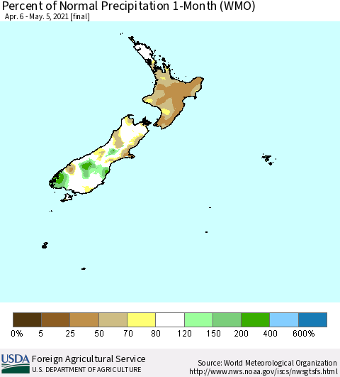New Zealand Percent of Normal Precipitation 1-Month (WMO) Thematic Map For 4/6/2021 - 5/5/2021