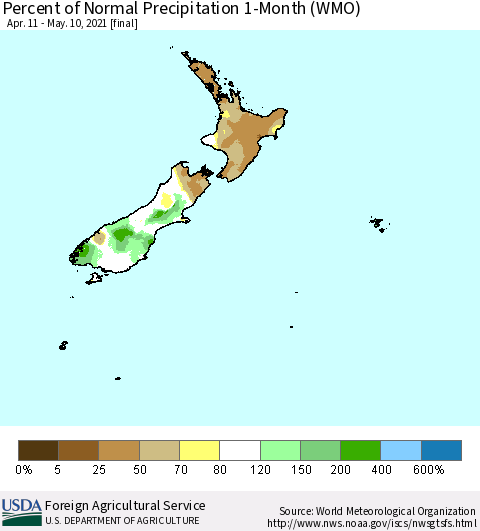 New Zealand Percent of Normal Precipitation 1-Month (WMO) Thematic Map For 4/11/2021 - 5/10/2021