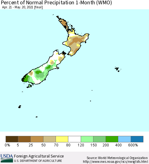 New Zealand Percent of Normal Precipitation 1-Month (WMO) Thematic Map For 4/21/2021 - 5/20/2021