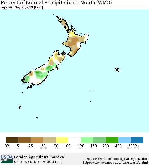 New Zealand Percent of Normal Precipitation 1-Month (WMO) Thematic Map For 4/26/2021 - 5/25/2021