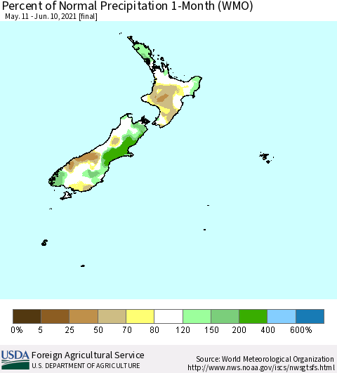 New Zealand Percent of Normal Precipitation 1-Month (WMO) Thematic Map For 5/11/2021 - 6/10/2021