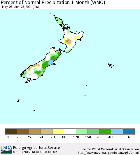 New Zealand Percent of Normal Precipitation 1-Month (WMO) Thematic Map For 5/26/2021 - 6/25/2021