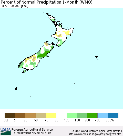 New Zealand Percent of Normal Precipitation 1-Month (WMO) Thematic Map For 6/1/2021 - 6/30/2021
