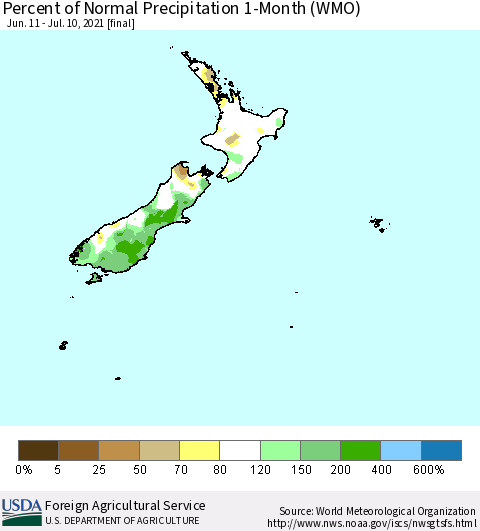 New Zealand Percent of Normal Precipitation 1-Month (WMO) Thematic Map For 6/11/2021 - 7/10/2021