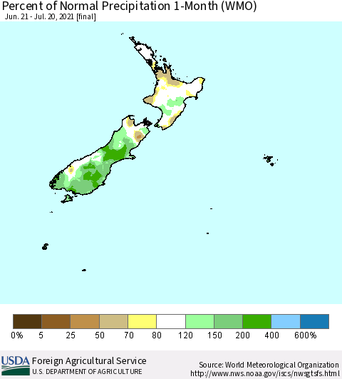 New Zealand Percent of Normal Precipitation 1-Month (WMO) Thematic Map For 6/21/2021 - 7/20/2021