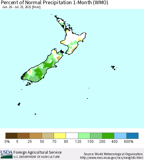 New Zealand Percent of Normal Precipitation 1-Month (WMO) Thematic Map For 6/26/2021 - 7/25/2021