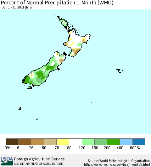New Zealand Percent of Normal Precipitation 1-Month (WMO) Thematic Map For 7/1/2021 - 7/31/2021