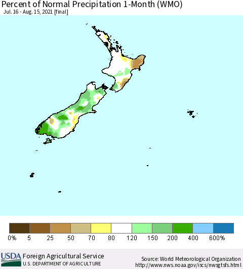 New Zealand Percent of Normal Precipitation 1-Month (WMO) Thematic Map For 7/16/2021 - 8/15/2021