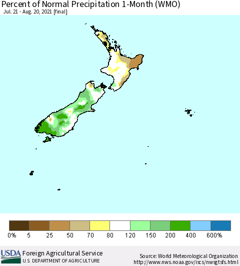 New Zealand Percent of Normal Precipitation 1-Month (WMO) Thematic Map For 7/21/2021 - 8/20/2021