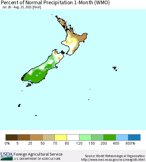 New Zealand Percent of Normal Precipitation 1-Month (WMO) Thematic Map For 7/26/2021 - 8/25/2021