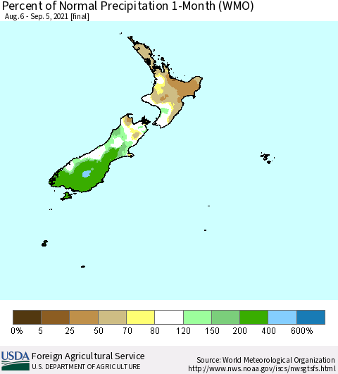 New Zealand Percent of Normal Precipitation 1-Month (WMO) Thematic Map For 8/6/2021 - 9/5/2021