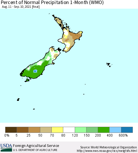 New Zealand Percent of Normal Precipitation 1-Month (WMO) Thematic Map For 8/11/2021 - 9/10/2021