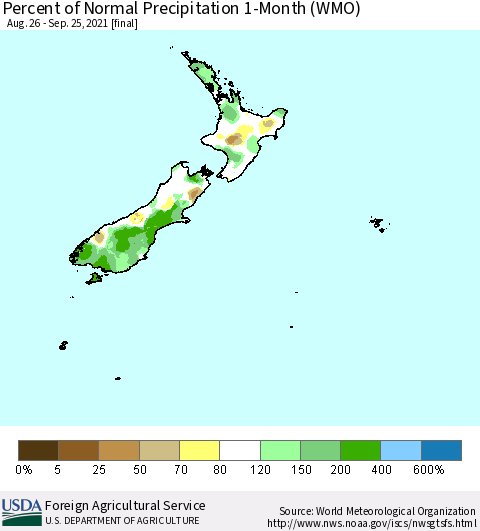 New Zealand Percent of Normal Precipitation 1-Month (WMO) Thematic Map For 8/26/2021 - 9/25/2021