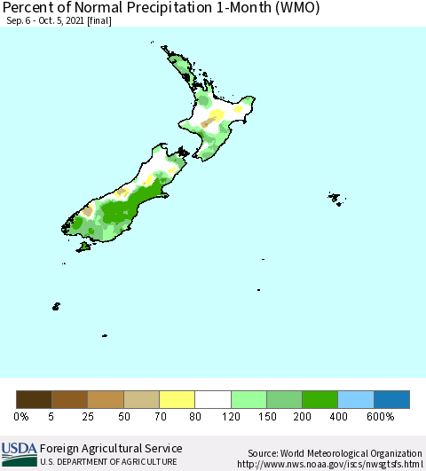 New Zealand Percent of Normal Precipitation 1-Month (WMO) Thematic Map For 9/6/2021 - 10/5/2021
