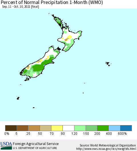 New Zealand Percent of Normal Precipitation 1-Month (WMO) Thematic Map For 9/11/2021 - 10/10/2021