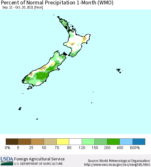New Zealand Percent of Normal Precipitation 1-Month (WMO) Thematic Map For 9/21/2021 - 10/20/2021
