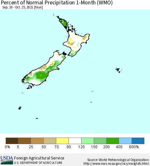 New Zealand Percent of Normal Precipitation 1-Month (WMO) Thematic Map For 9/26/2021 - 10/25/2021