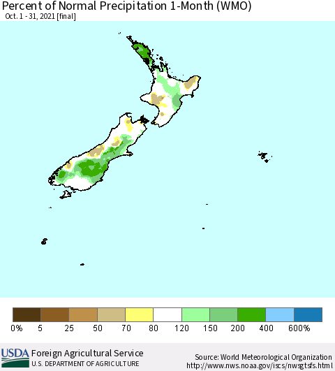New Zealand Percent of Normal Precipitation 1-Month (WMO) Thematic Map For 10/1/2021 - 10/31/2021