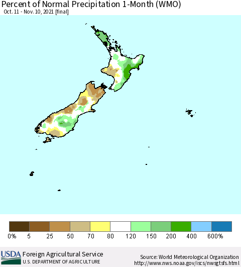 New Zealand Percent of Normal Precipitation 1-Month (WMO) Thematic Map For 10/11/2021 - 11/10/2021