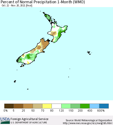 New Zealand Percent of Normal Precipitation 1-Month (WMO) Thematic Map For 10/21/2021 - 11/20/2021