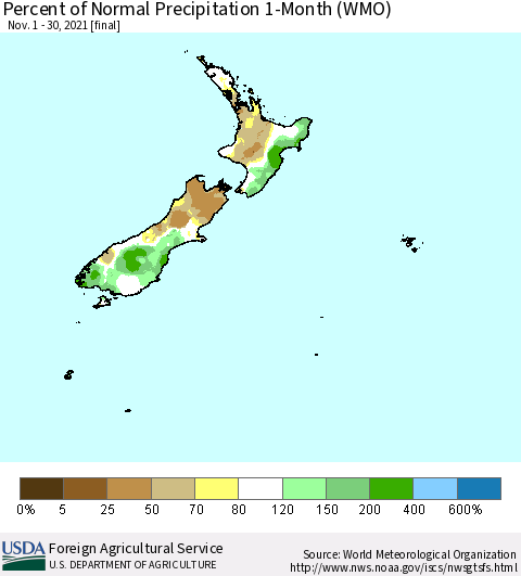 New Zealand Percent of Normal Precipitation 1-Month (WMO) Thematic Map For 11/1/2021 - 11/30/2021