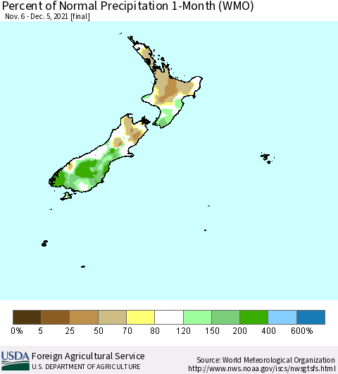 New Zealand Percent of Normal Precipitation 1-Month (WMO) Thematic Map For 11/6/2021 - 12/5/2021