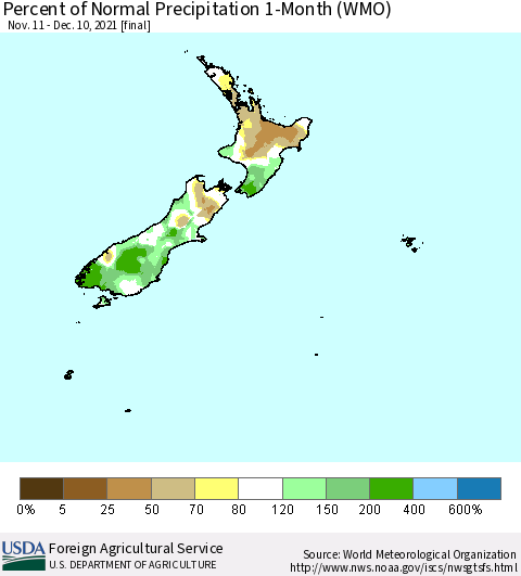 New Zealand Percent of Normal Precipitation 1-Month (WMO) Thematic Map For 11/11/2021 - 12/10/2021