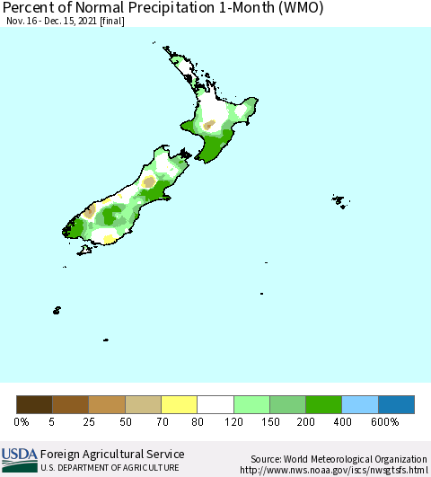 New Zealand Percent of Normal Precipitation 1-Month (WMO) Thematic Map For 11/16/2021 - 12/15/2021