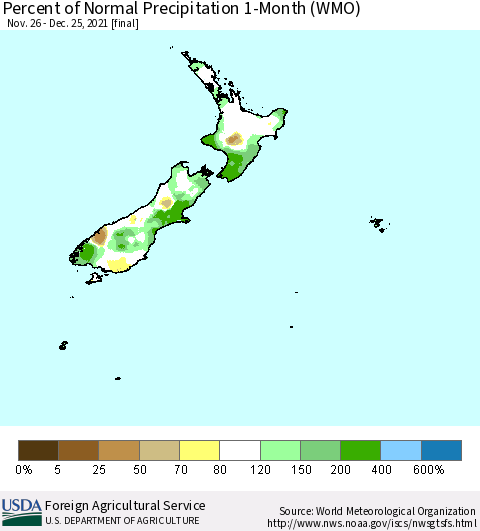 New Zealand Percent of Normal Precipitation 1-Month (WMO) Thematic Map For 11/26/2021 - 12/25/2021