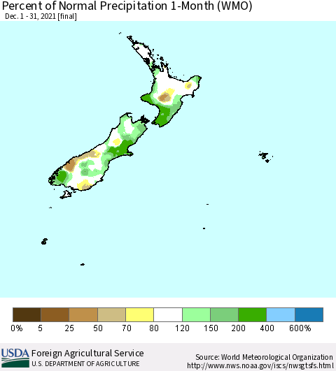 New Zealand Percent of Normal Precipitation 1-Month (WMO) Thematic Map For 12/1/2021 - 12/31/2021