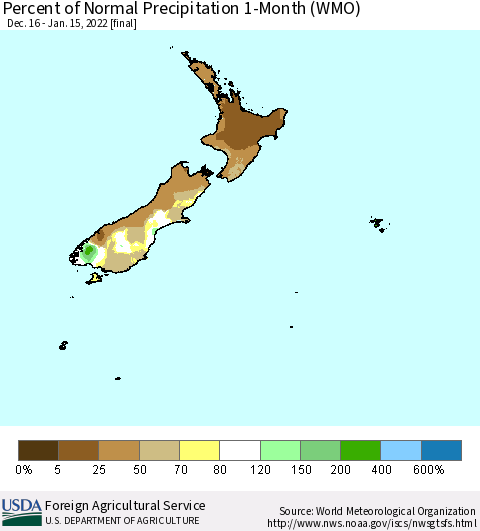New Zealand Percent of Normal Precipitation 1-Month (WMO) Thematic Map For 12/16/2021 - 1/15/2022