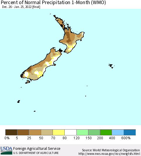 New Zealand Percent of Normal Precipitation 1-Month (WMO) Thematic Map For 12/26/2021 - 1/25/2022