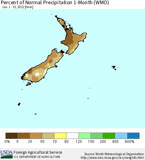 New Zealand Percent of Normal Precipitation 1-Month (WMO) Thematic Map For 1/1/2022 - 1/31/2022