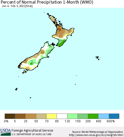 New Zealand Percent of Normal Precipitation 1-Month (WMO) Thematic Map For 1/6/2022 - 2/5/2022