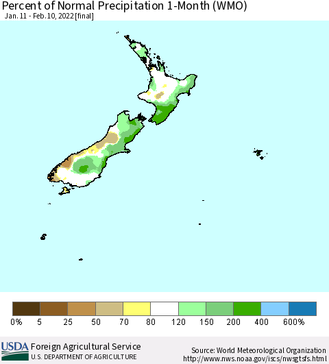 New Zealand Percent of Normal Precipitation 1-Month (WMO) Thematic Map For 1/11/2022 - 2/10/2022