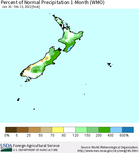 New Zealand Percent of Normal Precipitation 1-Month (WMO) Thematic Map For 1/16/2022 - 2/15/2022
