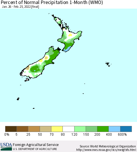 New Zealand Percent of Normal Precipitation 1-Month (WMO) Thematic Map For 1/26/2022 - 2/25/2022