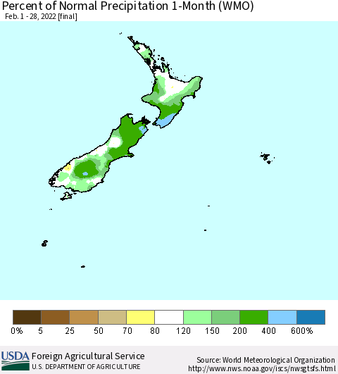 New Zealand Percent of Normal Precipitation 1-Month (WMO) Thematic Map For 2/1/2022 - 2/28/2022