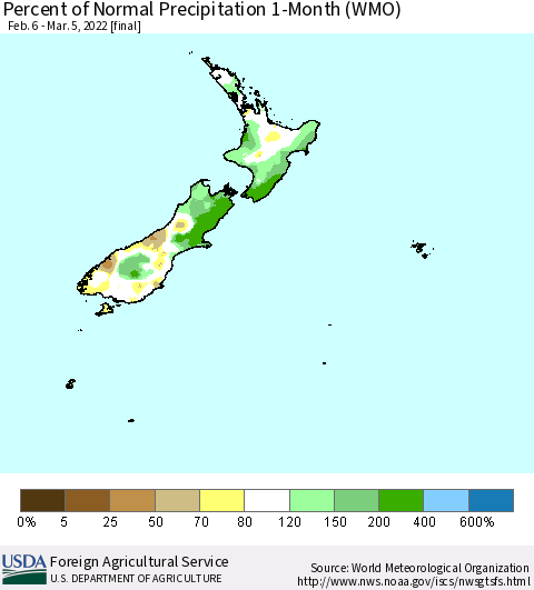 New Zealand Percent of Normal Precipitation 1-Month (WMO) Thematic Map For 2/6/2022 - 3/5/2022