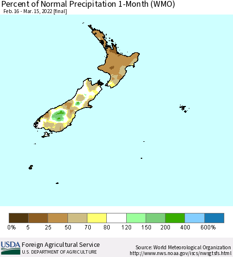 New Zealand Percent of Normal Precipitation 1-Month (WMO) Thematic Map For 2/16/2022 - 3/15/2022