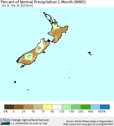 New Zealand Percent of Normal Precipitation 1-Month (WMO) Thematic Map For 2/21/2022 - 3/20/2022
