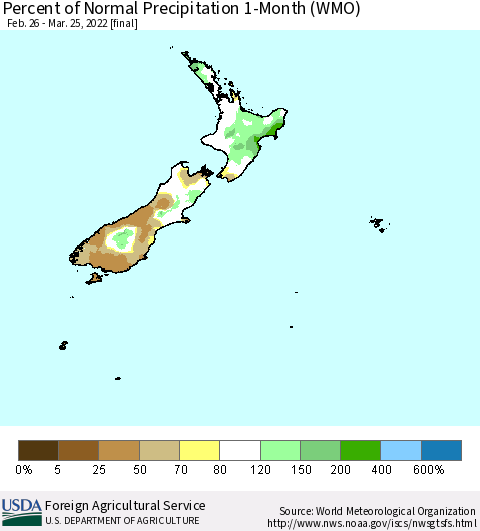 New Zealand Percent of Normal Precipitation 1-Month (WMO) Thematic Map For 2/26/2022 - 3/25/2022