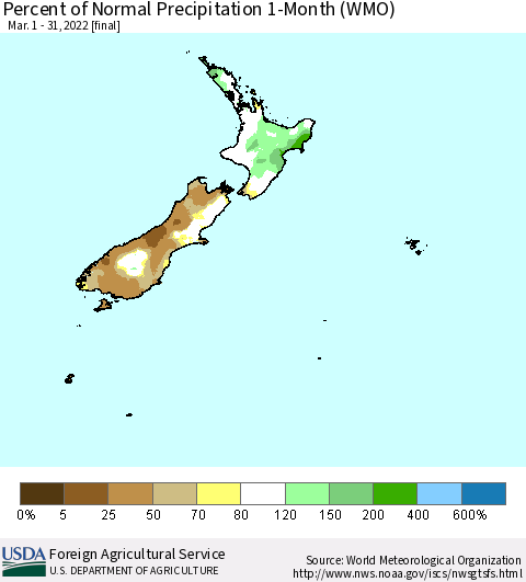 New Zealand Percent of Normal Precipitation 1-Month (WMO) Thematic Map For 3/1/2022 - 3/31/2022