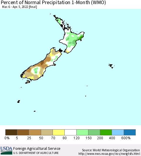 New Zealand Percent of Normal Precipitation 1-Month (WMO) Thematic Map For 3/6/2022 - 4/5/2022