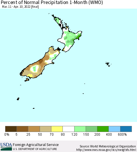 New Zealand Percent of Normal Precipitation 1-Month (WMO) Thematic Map For 3/11/2022 - 4/10/2022