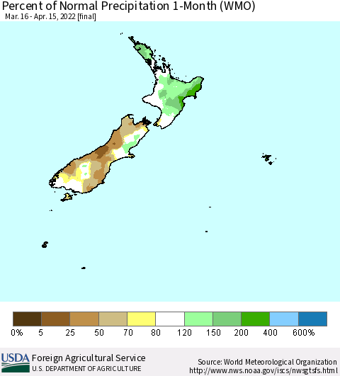 New Zealand Percent of Normal Precipitation 1-Month (WMO) Thematic Map For 3/16/2022 - 4/15/2022