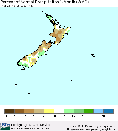 New Zealand Percent of Normal Precipitation 1-Month (WMO) Thematic Map For 3/26/2022 - 4/25/2022