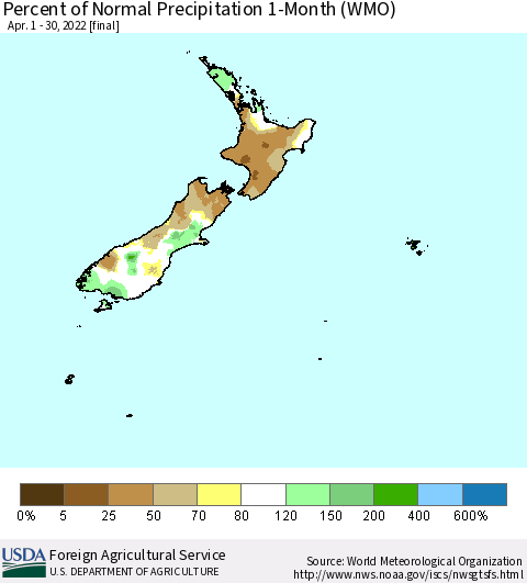 New Zealand Percent of Normal Precipitation 1-Month (WMO) Thematic Map For 4/1/2022 - 4/30/2022