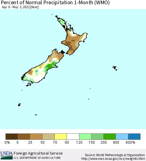 New Zealand Percent of Normal Precipitation 1-Month (WMO) Thematic Map For 4/6/2022 - 5/5/2022