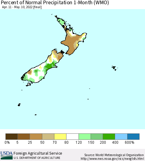 New Zealand Percent of Normal Precipitation 1-Month (WMO) Thematic Map For 4/11/2022 - 5/10/2022